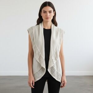Boho Open Front Cardigan Vest L Crochet‎ Lace Cream Ivory Pointelle 100% Cotton